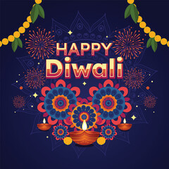 Happy Diwali Festival of Lights paper cut style card design with glowing diya, garland, rangoli, and elegant typography for festive greeting cards, posters, and banners.