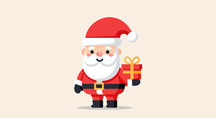 A cheerful Santa Claus holds a gift, rendered in a modern flat design style with clean lines and a limited color palette. This cute illustration is perfect for festive branding.