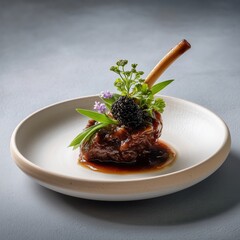 Exquisite culinary presentation: A close-up captures a meticulously crafted dish. the centerpiece, a succulent piece of lamb shank, is delicately garnished with fresh herbs and edible flowers.