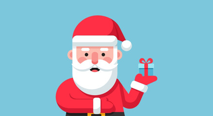 A cheerful Santa Claus holds a gift, rendered in a modern flat design style with clean lines and a limited color palette. This cute illustration is perfect for festive branding.
