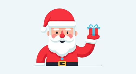 A cheerful Santa Claus holds a gift, rendered in a modern flat design style with clean lines and a limited color palette. This cute illustration is perfect for festive branding.