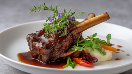 Gourmet Lamb Shank Delight: A close-up of a sumptuously plated lamb shank dish. The perfectly cooked lamb is presented with a rich sauce, delicate herbs, and fresh vegetables.
