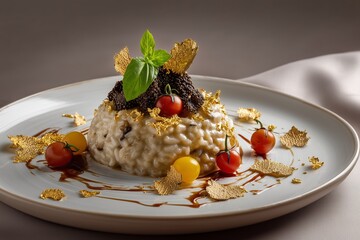 Culinary Delight: Exquisite risotto, artfully plated with truffle shavings, cherry tomatoes, and fresh basil, presenting a visual and gustatory symphony, capturing the essence of fine dining.