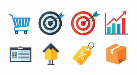Modern business icons set conveys shopping, target audience, growth and deals, perfect for websites and marketing materials, grab attention now!