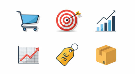 Boost Your Business Sales with Dynamic E-Commerce Icons Set Showing Target, Growth, and Discount Concepts for Modern Marketing Campaigns and Online Retail