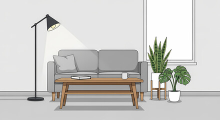Minimalist living room scene with modern sofa, stylish floor lamp, and indoor plants creating a cozy interior for relaxation and contemporary living