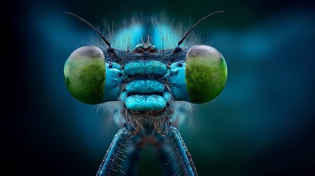 Close up of dragonfly head with green eyes and blue background