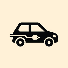 Minimalist black silhouette of an electric compact car with charging plug on a light beige