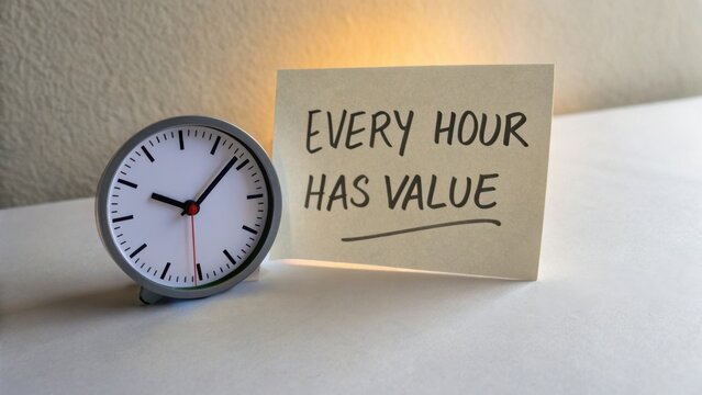 Clock next to a note reminding every hour has value