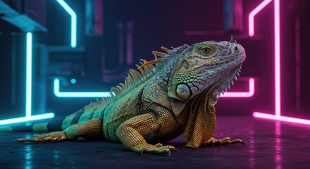 Fototapeta premium A vibrant iguana positioned within a futuristic setting, illuminated by vibrant neon lights, showcasing a dynamic interplay of color and texture.