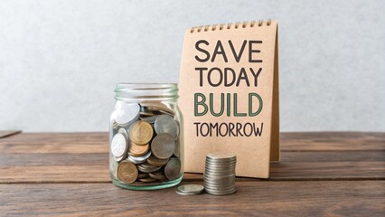 Glass jar filled with coins beside a notepad showing financial savings