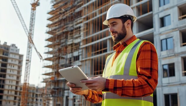 A man in a hard hat and safety vest uses a tablet computer to review plans at a modern construction site with cranes and buildings visible in the background.