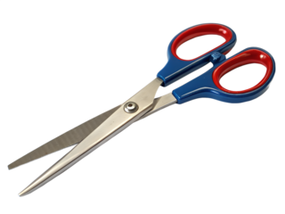 A pair of scissors with blue and red handles isolated on transparent background, perfect for cutting paper or fabric