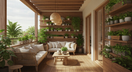Fototapeta premium A loggia designed in eco-style, with wooden shelves for plants, soft seating made from natural materials, and a refreshing green corner