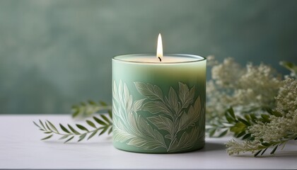 decorative sage green candle with floral design