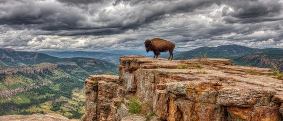 Bison on Rocky Cliff Overlooking Mountainous Landscape