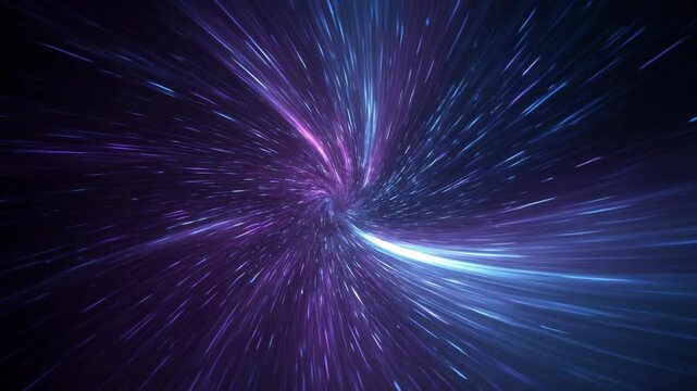 Abstract wormhole tunnel with glowing purple and blue light trails