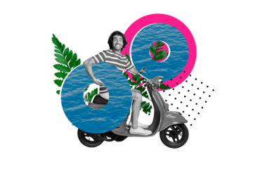 Composite photo collage of young man ride vespa moped drive vacation travel pool party carry lifebuoy summer isolated on painted background