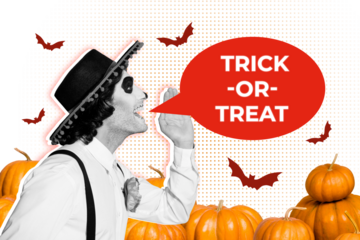 Composite photo collage of happy muertos guy scream trick or treat bats pumpkin celebration bubble holiday isolated on painted background