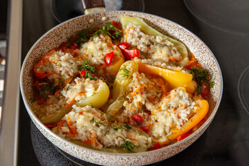 Braised Stuffed Peppers in Pan