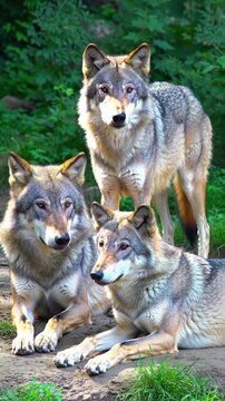 Three Wolves Relaxing in Grass. Wolves Grooming and Interacting. Gray Wolves in Natural Habitat.