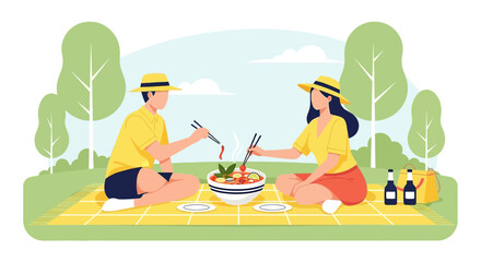 Couple enjoying a vibrant picnic with traditional dishes outdoors in a scenic landscape