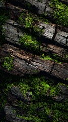 Fototapeta premium Textured view showcases rough, dark wooden surface with vibrant green moss.