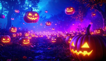 Field of glowing jack-o’-lanterns floating in twilight mist, magical and surreal Halloween landscape with pumpkins illuminated by eerie purple and orange light.