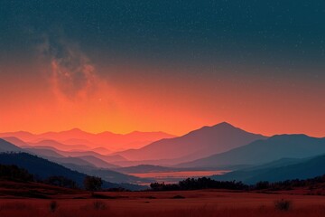 Obraz premium Orange sunset glow illuminating mountain twilight landscape