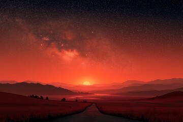 Country road winding through field during red sunset