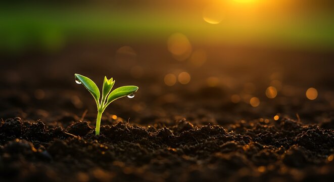 Young plant growing in soil with sunlight during daytime - Powered by Adobe