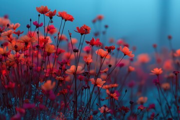 Cosmos flowers blooming vividly against blue background