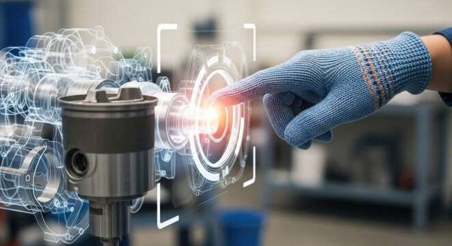 Futuristic engineering: female hand interacting with virtual mechanical interface