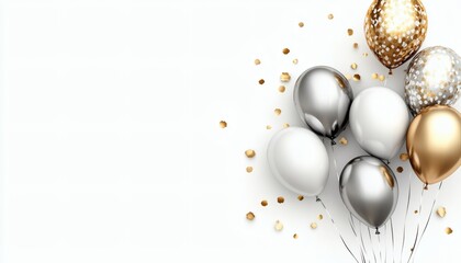 The image shows a cluster of shiny silver, gold, and white balloons adorned with gold confetti against a bright white backdrop.
