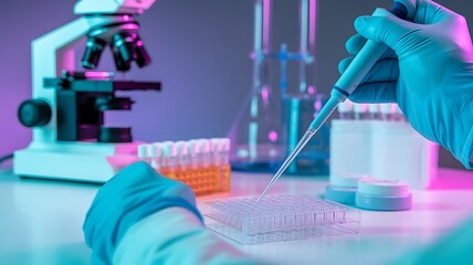 Scientist using pipette in laboratory with microscope and test tubes science research