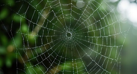 Fototapeta premium Delicate spiderweb, adorned with glistening water droplets, set against a soft backdrop of out-of-focus greenery.