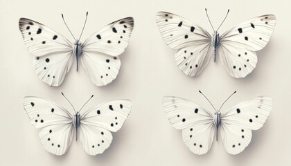 Fototapeta premium Stunning Quartet Of White Butterflies Pieris Napi Showcasing Black Spots And Streaks In Various Poses, Fluttering Gracefully On A White Background