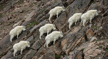 Fototapeta premium A group of mountain goats ascends a steep rocky slope, showcasing their adaptability and resilience in a rugged mountain environment.