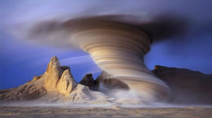 Abstract sand tornado in ochre desert with rocks – Perfect for geology posters, desert themes, or dramatic backgrounds.