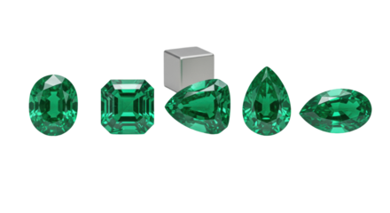 Five emeralds (oval, emerald, princess, pear, marquise) and a platinum cube on transparent, macro high-angle studio shot, concept of luxury and precision