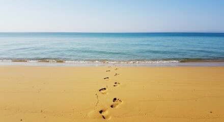 A tranquil beach scene, showcasing a pathway of footprints leading to a serene ocean.
