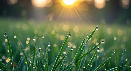 Dew-kissed blades of grass sparkle in the morning sun.  Close-up view of vibrant green grass, glistening with morning dew drops, illuminated by warm sunlight.