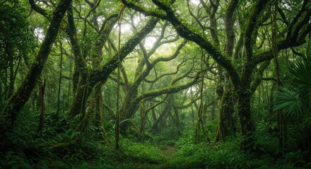 Fototapeta premium Lush, verdant jungle scene showcases a dense canopy of intertwining trees draped in moss, bathed in soft, ambient light.