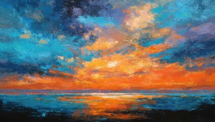 Fototapeta premium Fiery sunset painting, warm hues reflect upon calm water