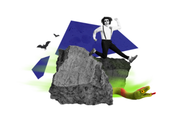 Composite trend artwork collage of halloween autumn season spooky creepy day young guy face mask muertos jump stone death day snake animal