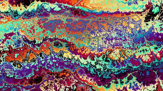 Abstract marbled art, vibrant colors, fluid design. Moving yellow, green, pink zebra pattern loop background. Modern groovy screen saver, creative