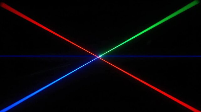 Three vibrant laser beams intersect in a dark space, creating a mesmerizing light show.