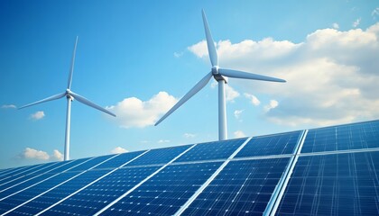 The image shows two wind turbines and a large array of solar panels under a partly cloudy sky, illustrating renewable energy sources.