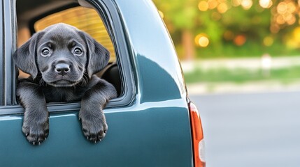 A cute, young, black Labrador puppy looks out the back window of a green car during the day. The puppy rests its paws on the window frame while riding