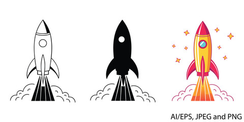 Three rocket launch icons showcasing different styles and colors for space exploration vector